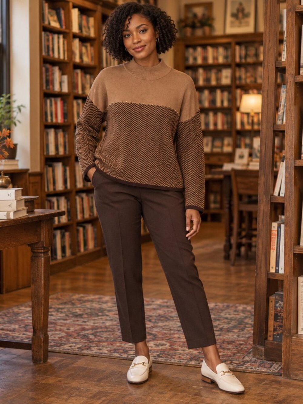 Belldini Herringbone Mock Neck Studded Sweater Brown Size L